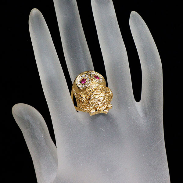 K18YG ルビー ダイヤモンド リング 0.25ct D0.35ct フクロウ