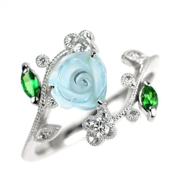 K18WG カービング ブルートパーズ グリーンガーネット ダイヤモンド リング 1.55ct G0.13ct D0.18ct 薔薇