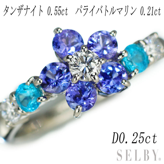 Pt900 タンザナイト パライバトルマリン ダイヤモンド リング 0.55ct PT0.21ct D0.25ct