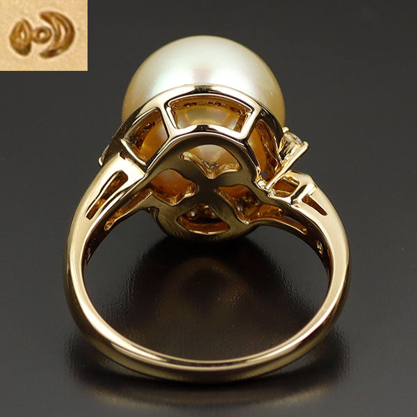 田崎真珠 K18YG ゴールデンパール ダイヤモンド リング 11.5mm D0.22ct