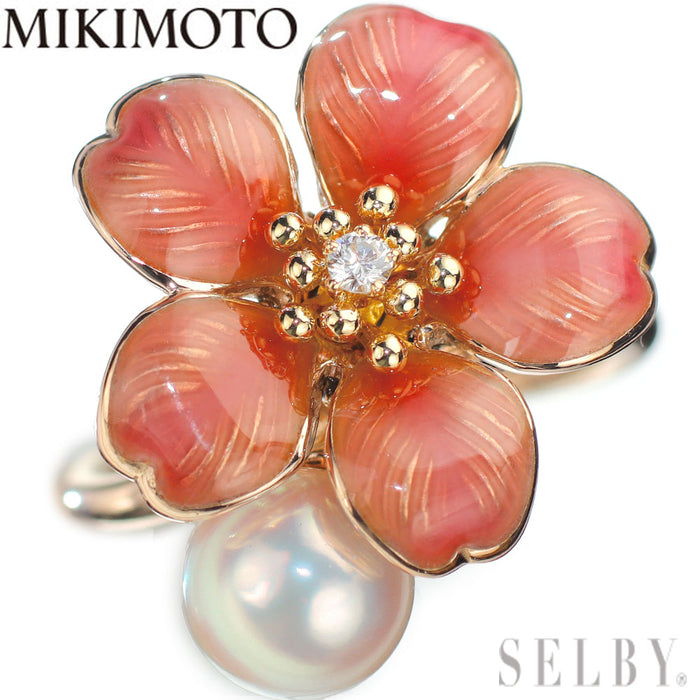 ミキモト エナメル/ K18PG アコヤ真珠/パール ダイヤモンド リング 直径約7.1mm 桜 フラワー