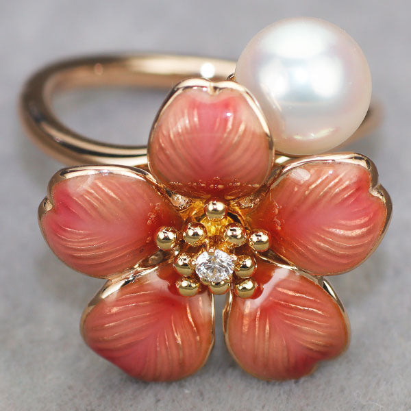 ミキモト エナメル/ K18PG アコヤ真珠/パール ダイヤモンド リング 直径約7.1mm 桜 フラワー