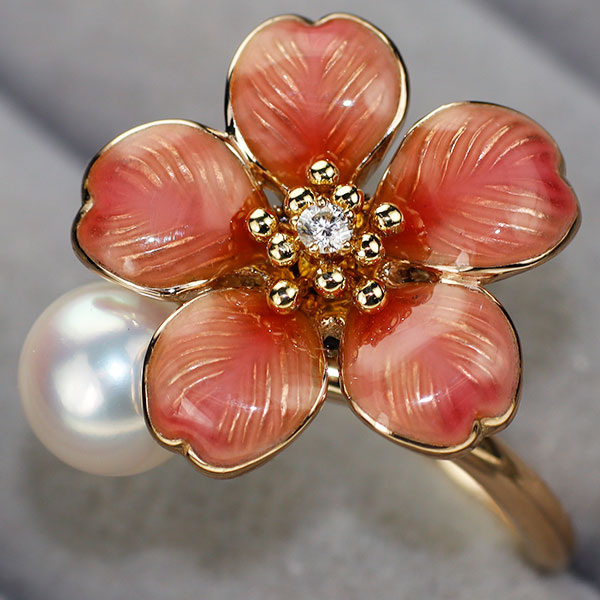 ミキモト エナメル/ K18PG アコヤ真珠/パール ダイヤモンド リング 直径約7.1mm 桜 フラワー