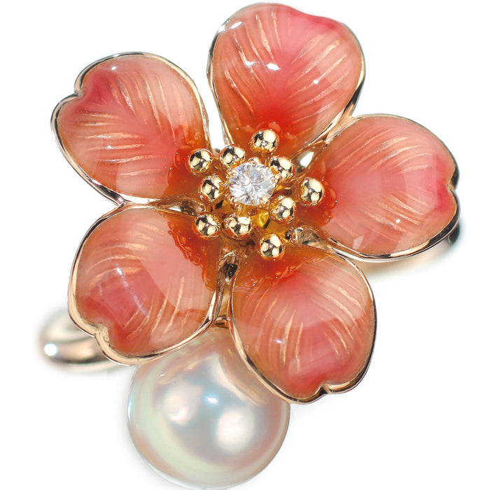 ミキモト エナメル/ K18PG アコヤ真珠/パール ダイヤモンド リング 直径約7.1mm 桜 フラワー