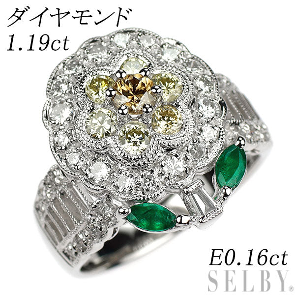 Pt900 ダイヤモンド エメラルド リング 1.19ct E0.16ct フラワー