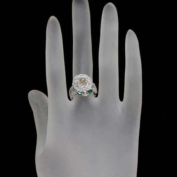 Pt900 ダイヤモンド エメラルド リング 1.19ct E0.16ct フラワー