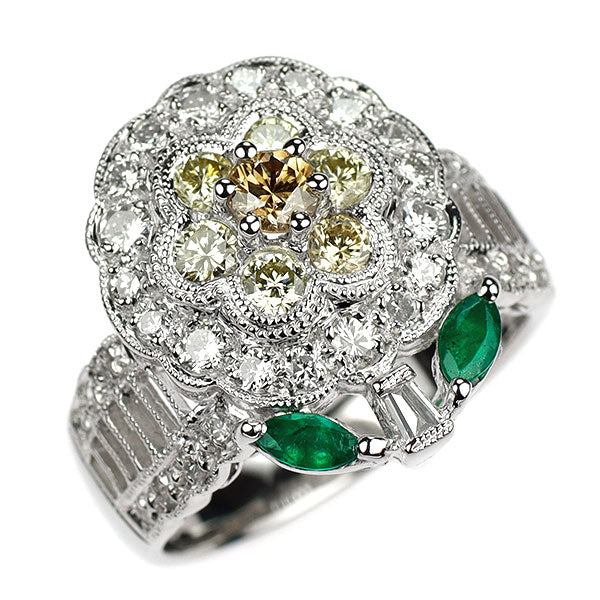 Pt900 ダイヤモンド エメラルド リング 1.19ct E0.16ct フラワー