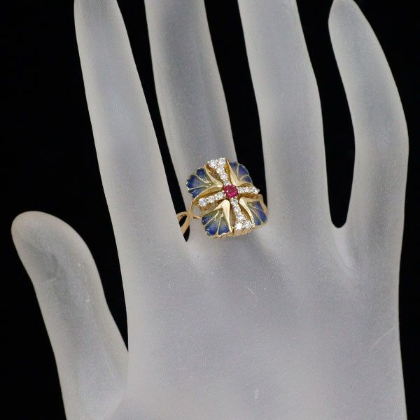 中嶋邦夫 エナメル/ K18YG ルビー ダイヤモンド リング 0.13ct D0.42ct クロス