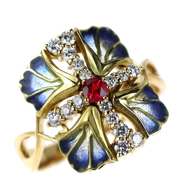 中嶋邦夫 エナメル/ K18YG ルビー ダイヤモンド リング 0.13ct D0.42ct クロス