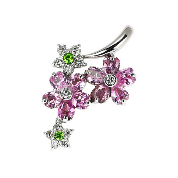 K18WG ピンクサファイア ダイヤモンド デマントイドガーネット ペンダントトップ 1.12ct  D0.15ct  DG0.02ct フラワー 桜
