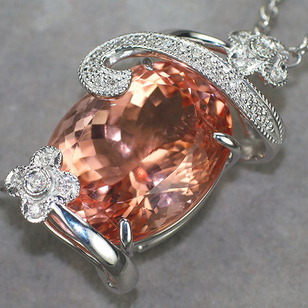 K18WG 大粒モルガナイト ダイヤモンド ペンダントネックレス 22.48ct D0.20ct アンティークレース