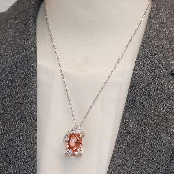 K18WG 大粒モルガナイト ダイヤモンド ペンダントネックレス 22.48ct D0.20ct アンティークレース