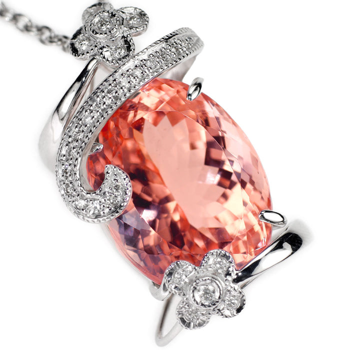 K18WG 大粒モルガナイト ダイヤモンド ペンダントネックレス 22.48ct D0.20ct アンティークレース