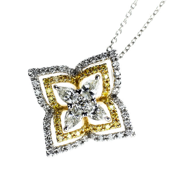 K18YG/WG カラーレス/天然イエロー ダイヤモンド ペンダントネックレス 0.74ct フラワー