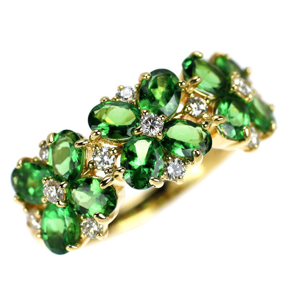 K18YG グリーン ガーネット ダイヤモンド リング 2.15ct D0.30ct フラワー