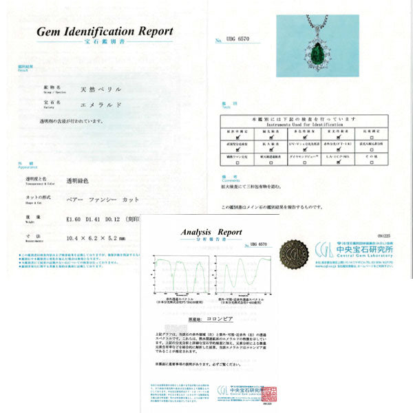 Pt900/Pt850 コロンビア産 エメラルド ダイヤモンド ペンダントネックレス 1.60ct D1.53ct