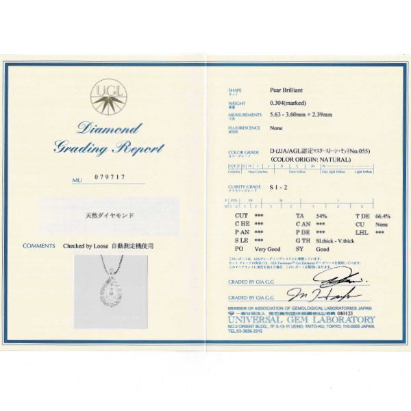 Pt950/ Pt850 ペアシェイプ ダイヤモンド ペンダントネックレス 0.304ct D SI2 D0.22ct