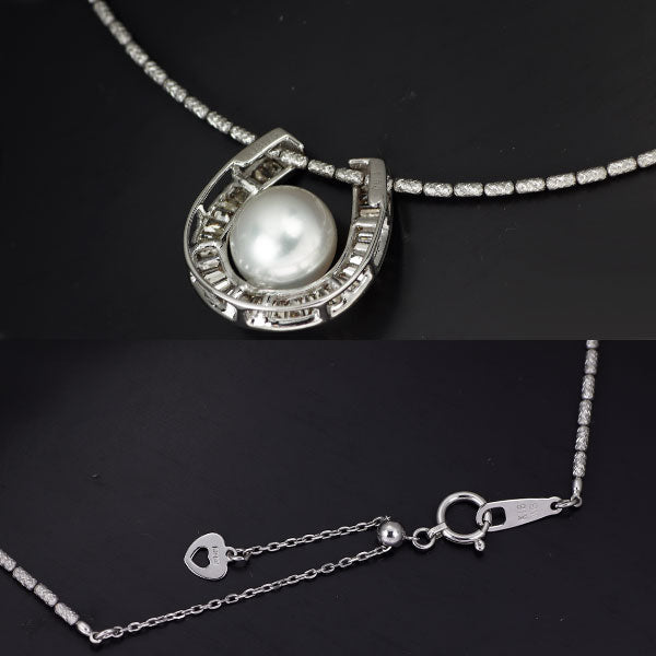 K18WG 白蝶真珠 ダイヤモンド ネックレス 径約 10.0mm D1.00ct ホースシュー 馬蹄 形状記憶ワイヤーオメガ