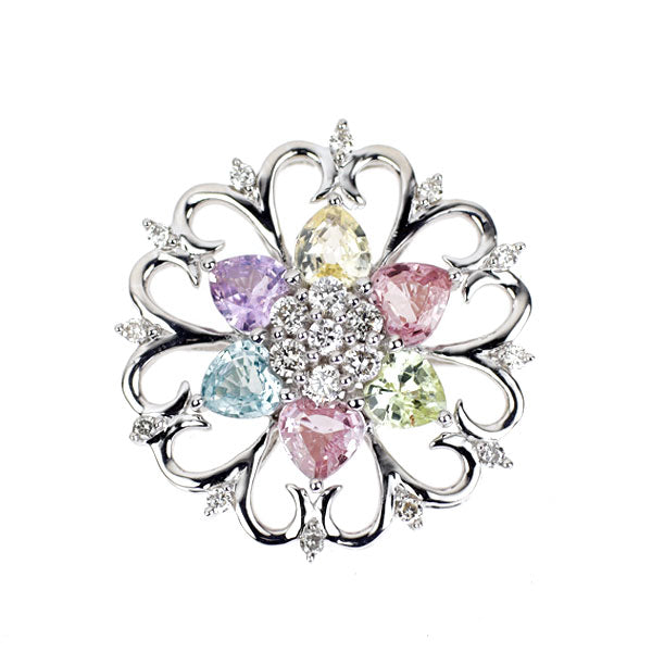 K18WG ハートシェイプ マルチカラーサファイア ダイヤモンド ペンダントトップ 1.50ct D0.25ct