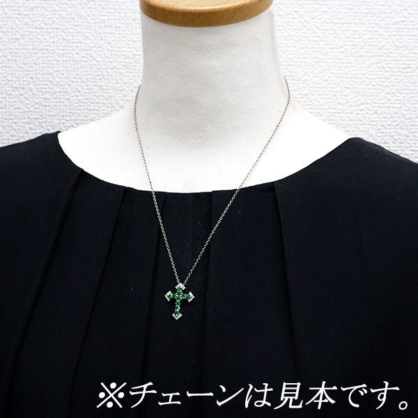 Pt900 グリーンガーネット ダイヤモンド ペンダントトップ 1.05ct D0.25ct クロス