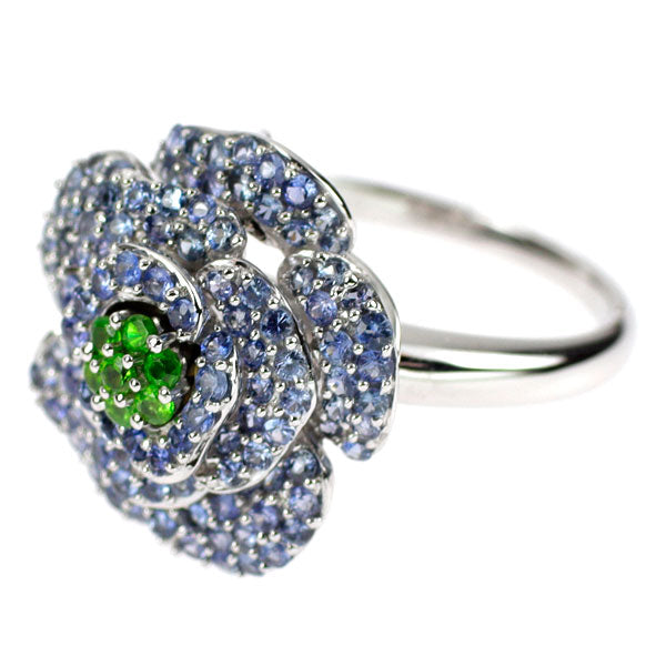 K18WG デマントイド ガーネット サファイア リング 0.14ct S1.40ct パヴェ フラワー