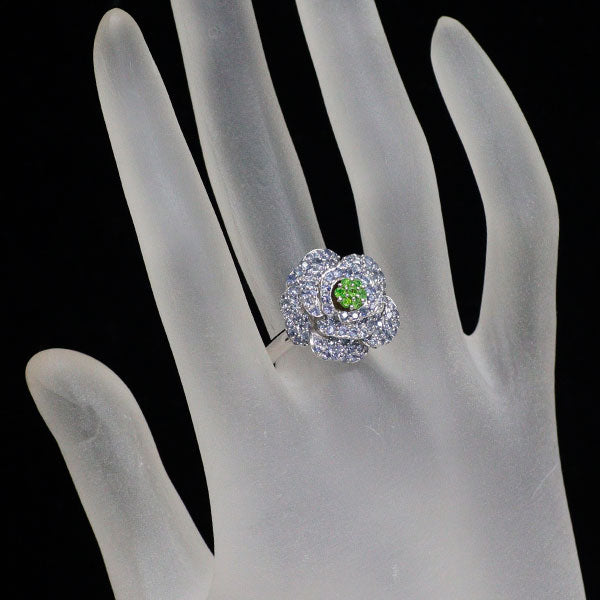 K18WG デマントイド ガーネット サファイア リング 0.14ct S1.40ct パヴェ フラワー