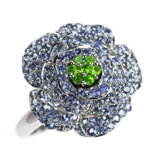 K18WG デマントイド ガーネット サファイア リング 0.14ct S1.40ct パヴェ フラワー