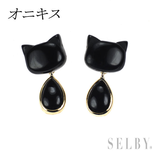 K18YG オニキス ピアス 猫