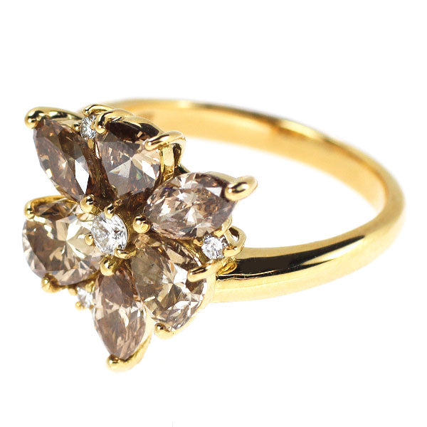 K18YG ブラウン/カラーレス ダイヤモンド リング 2.94ct 0.12ct フラワー