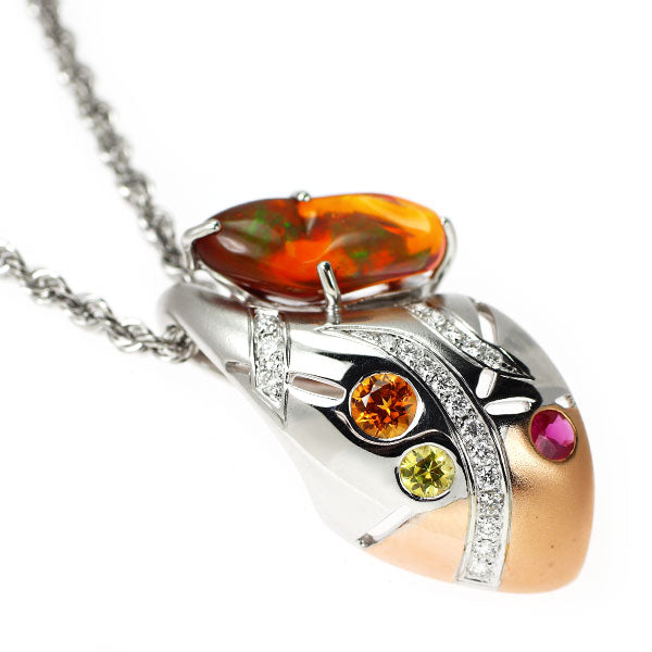 吉田綾子 K18WG/PG ファイア オパール ダイヤ ルビー サファイア ペンダントネックレス 2.24ct D0.17ct R0.11ct S0.36ct