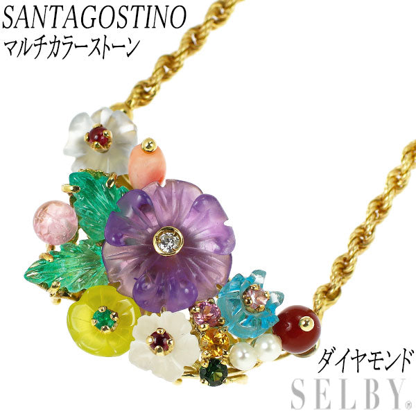 SANTAGOSTINO/サンタゴスティーノ K18YG マルチカラーストーン ダイヤモンド ペンダントネックレス フラワー