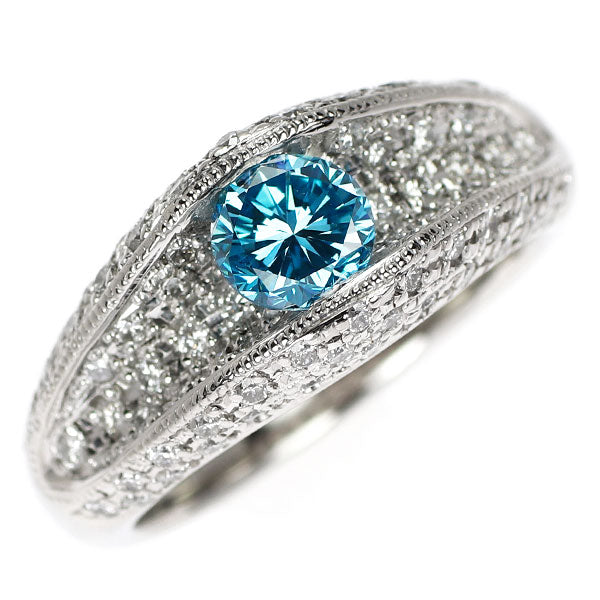 Pt900 トリートブルー ダイヤモンド リング 0.67ct D0.76ct パヴェ