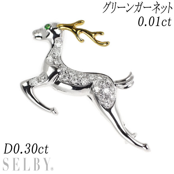 K18YG/WG グリーンガーネット ダイヤモンド ブローチ 0.01ct D0.30ct トナカイ