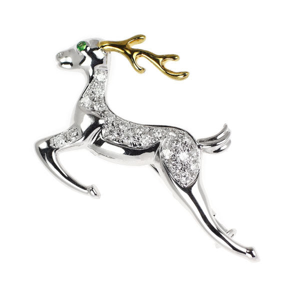 K18YG/WG グリーンガーネット ダイヤモンド ブローチ 0.01ct D0.30ct トナカイ