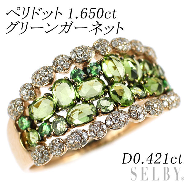 ブラックコーティング/ K18PG ローズカットペリドット グリーンガーネット ダイヤモンド リング 1.650ct D0.421ct