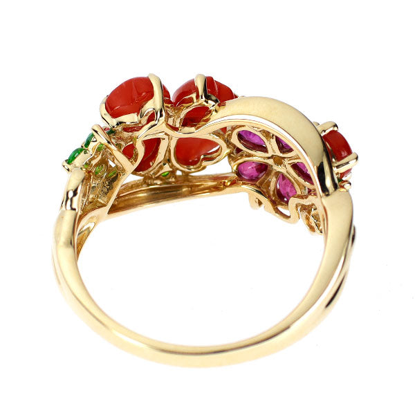 K18YG 珊瑚 ルビー デマントイド/スペサルティンガーネット ダイヤ リング 1.00ct R0.90ct G0.35ct D0.02ct フラワー