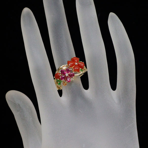 K18YG 珊瑚 ルビー デマントイド/スペサルティンガーネット ダイヤ リング 1.00ct R0.90ct G0.35ct D0.02ct フラワー