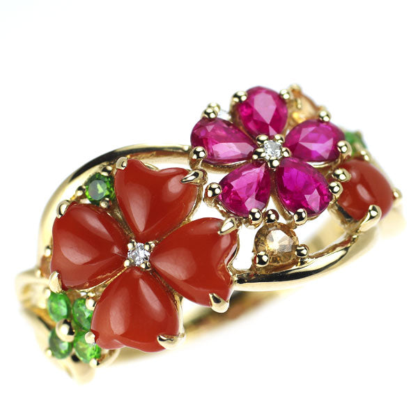 K18YG 珊瑚 ルビー デマントイド/スペサルティンガーネット ダイヤ リング 1.00ct R0.90ct G0.35ct D0.02ct フラワー