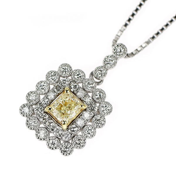 K18YG/Pt900/Pt850 ラディアントカット ダイヤモンド ペンダントネックレス 0.341ct VLY VVS2 D0.27ct