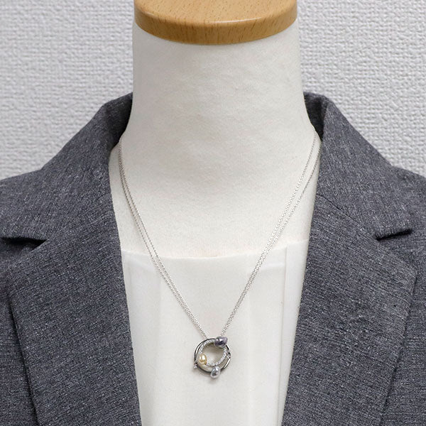 ブラックメッキ/ K18WG 南洋ケシ真珠 ダイヤモンド ペンダントネックレス 幅約4.2-6.6mm D0.21ct 3Way