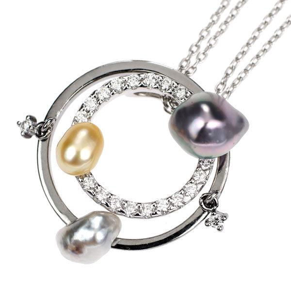 ブラックメッキ/ K18WG 南洋ケシ真珠 ダイヤモンド ペンダントネックレス 幅約4.2-6.6mm D0.21ct 3Way