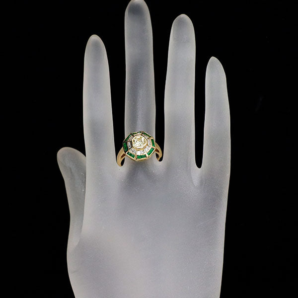 K18YG オクタゴナルカット ダイヤモンド エメラルド リング 0.60ct E0.40ct D0.33ct