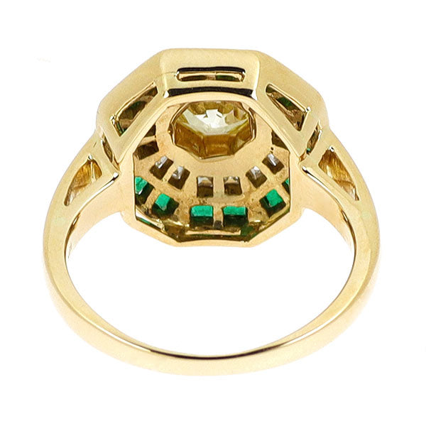K18YG オクタゴナルカット ダイヤモンド エメラルド リング 0.60ct E0.40ct D0.33ct