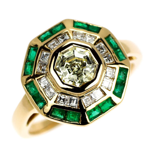 K18YG オクタゴナルカット ダイヤモンド エメラルド リング 0.60ct E0.40ct D0.33ct