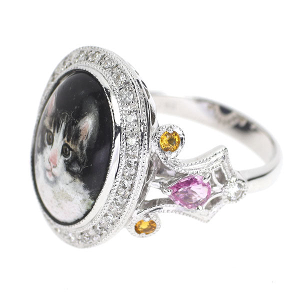 エマイユ/K18WG カラーサファイア ダイヤモンド リング 0.747ct 0.271ct 猫