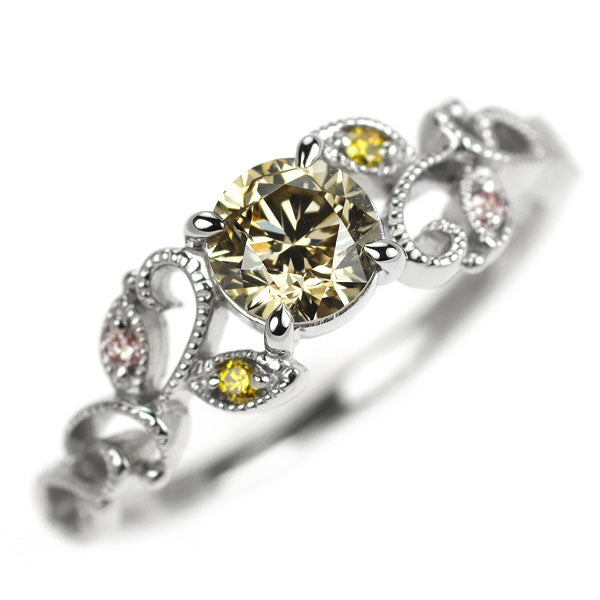 Pt900 ダイヤモンド 天然ピンク/トリートイエローダイヤ リング 0.59ct PD0.02ct TYD0.02ct