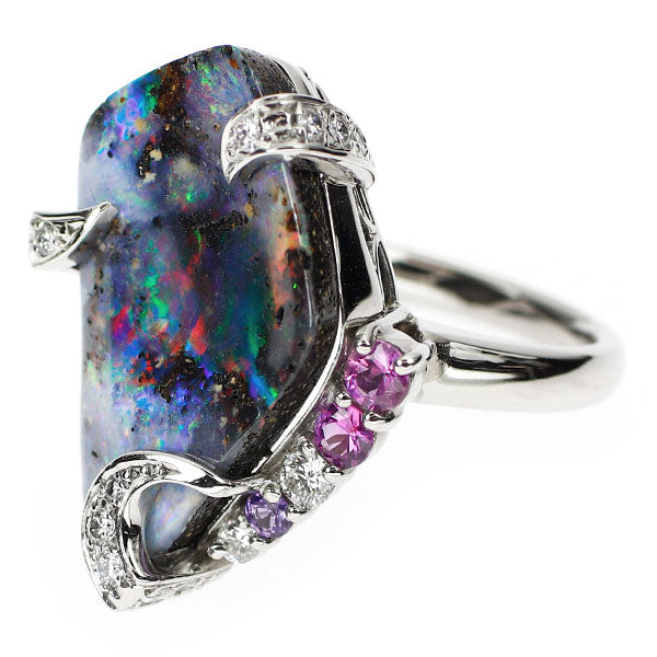 Pt900 ボルダーオパール カラーサファイア ダイヤモンド リング 11.04ct D0.45ct