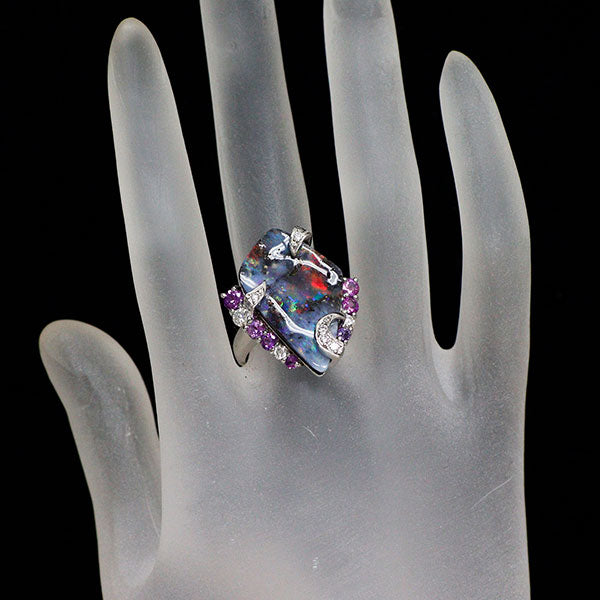 Pt900 ボルダーオパール カラーサファイア ダイヤモンド リング 11.04ct D0.45ct