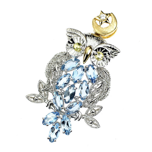K18YG/WG アクアマリン イエロートルマリン ダイヤモンド ペンダントトップ 1.10ct T0.05ct D0.01ct ふくろう
