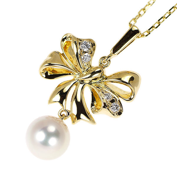ミキモト K18YG アコヤ真珠 ダイヤモンド ペンダントネックレス リボン 径約7.5mm